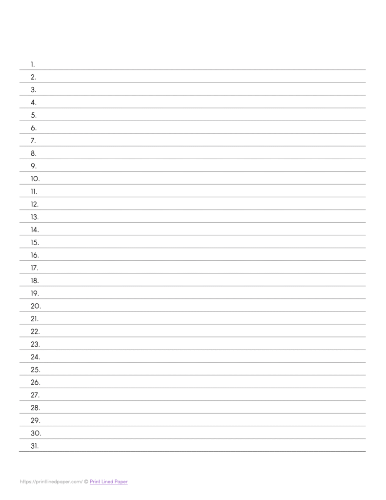 Numbered Lined Paper Template - No Vertical Line - College Ruled 7.1mm